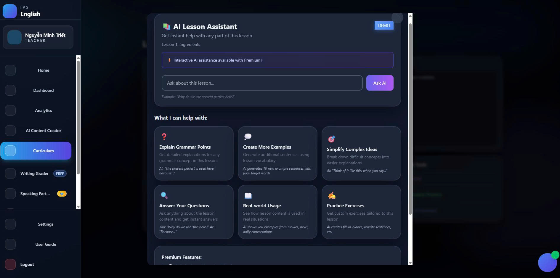 Giao diện IVS English AI Lesson Assistant (Click để xem Album)